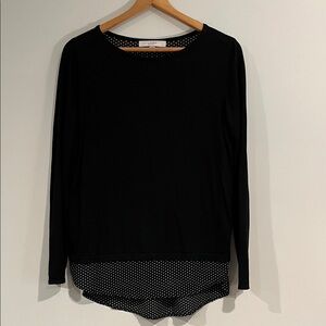 LOFT Black Crew Neck Sweater with Polka Dot Hem